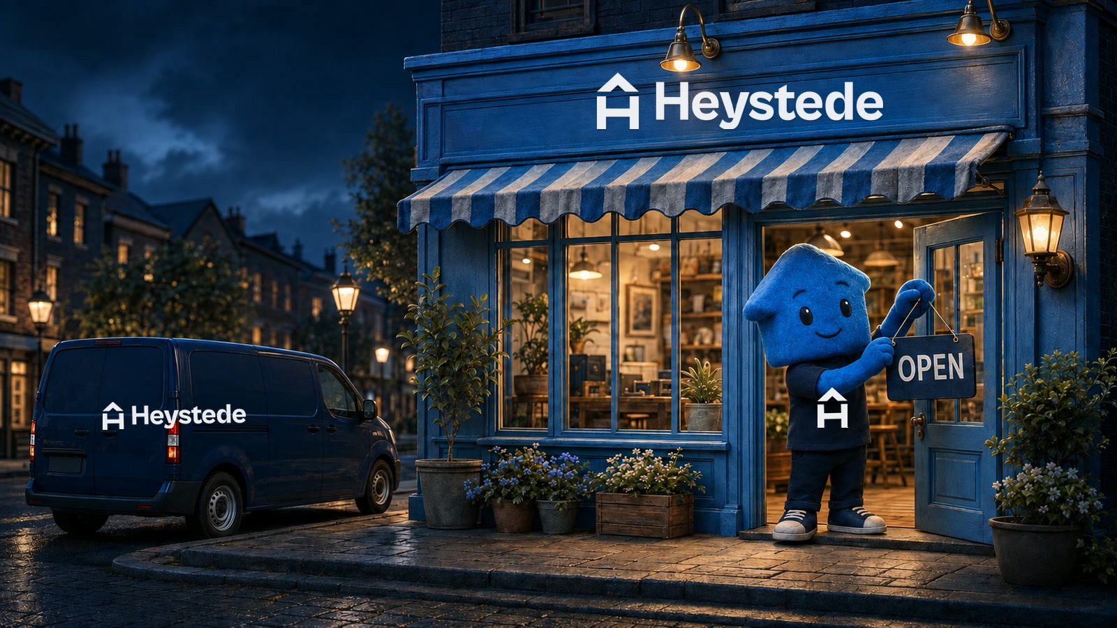 The warmly lit Heystede shop at dusk with Stede turning the sign to open