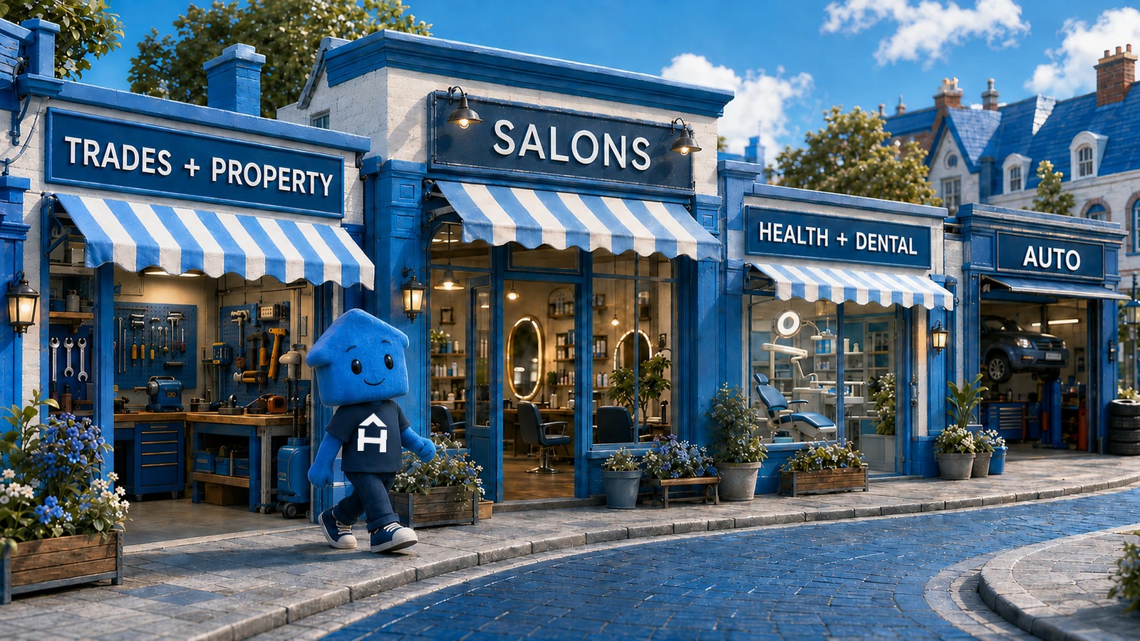 A colourful miniature high street with trades, salon, wellness and auto businesses